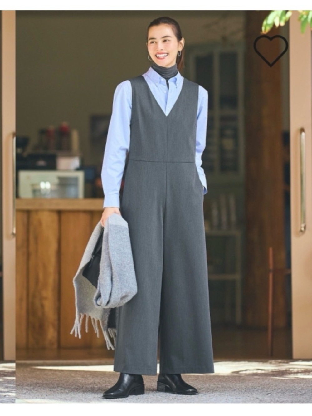 Uniqlo Charcoal Gray V-Neck Wide-Leg Jumpsuit